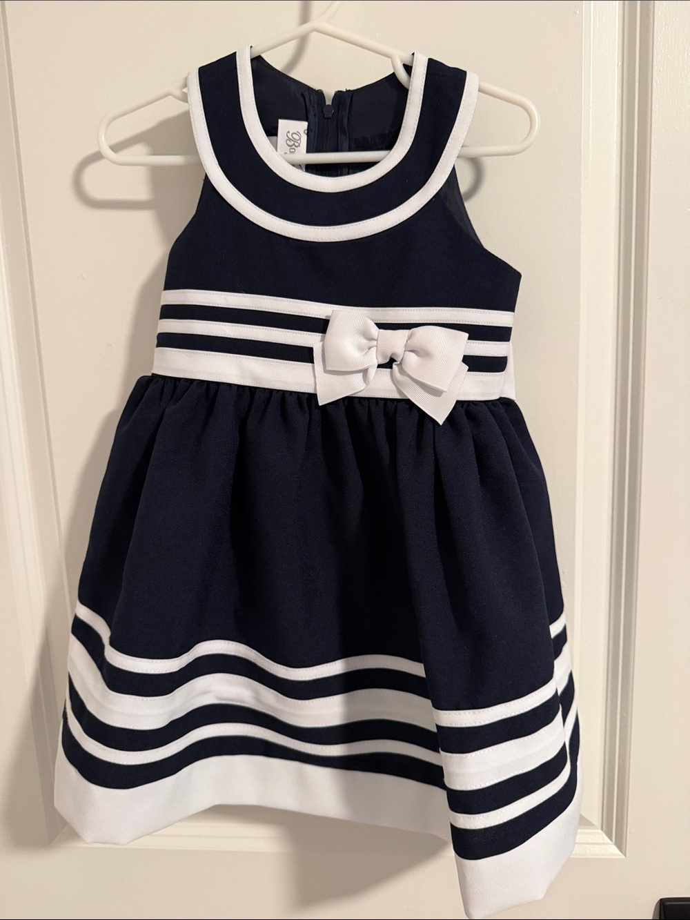 Bonnie Jean Navy and White Striped Fit-and-Flare Dress with Bow